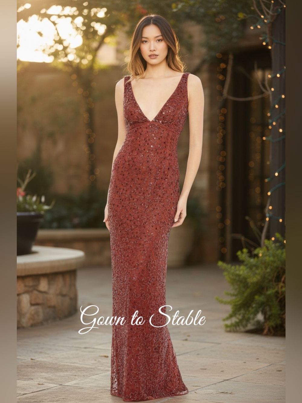 Mac Duggal Sleeveless Sequined V-Neck Gown
